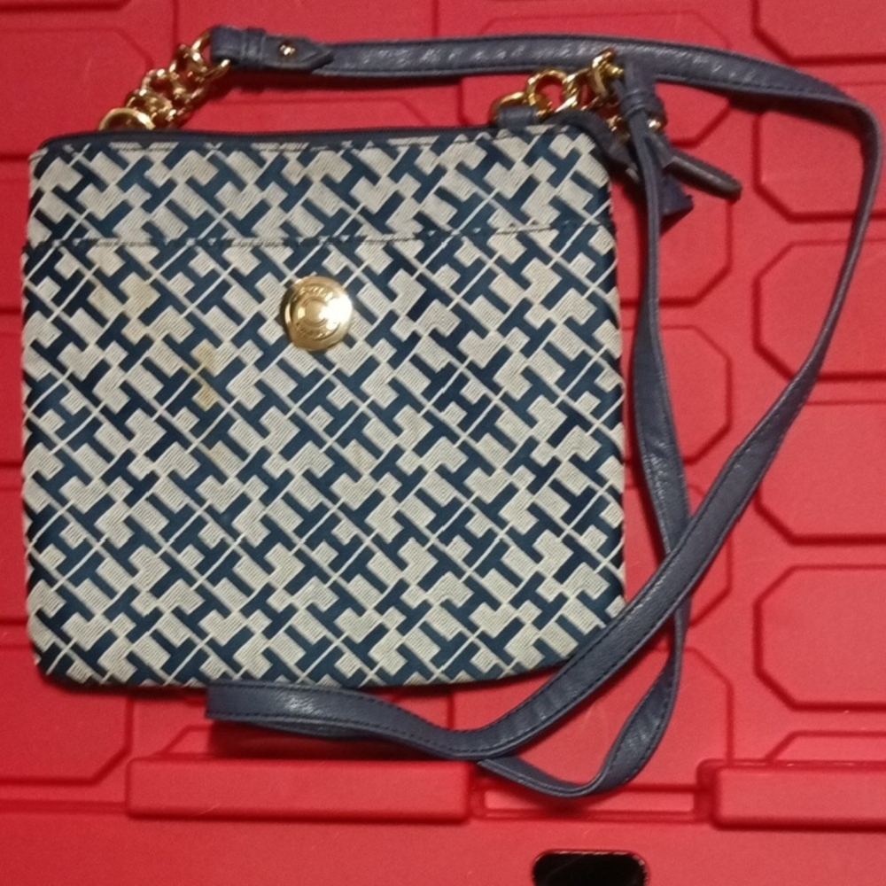 Tommy Hilfiger Navy and Cream Patterned Crossbody with Gold Accent